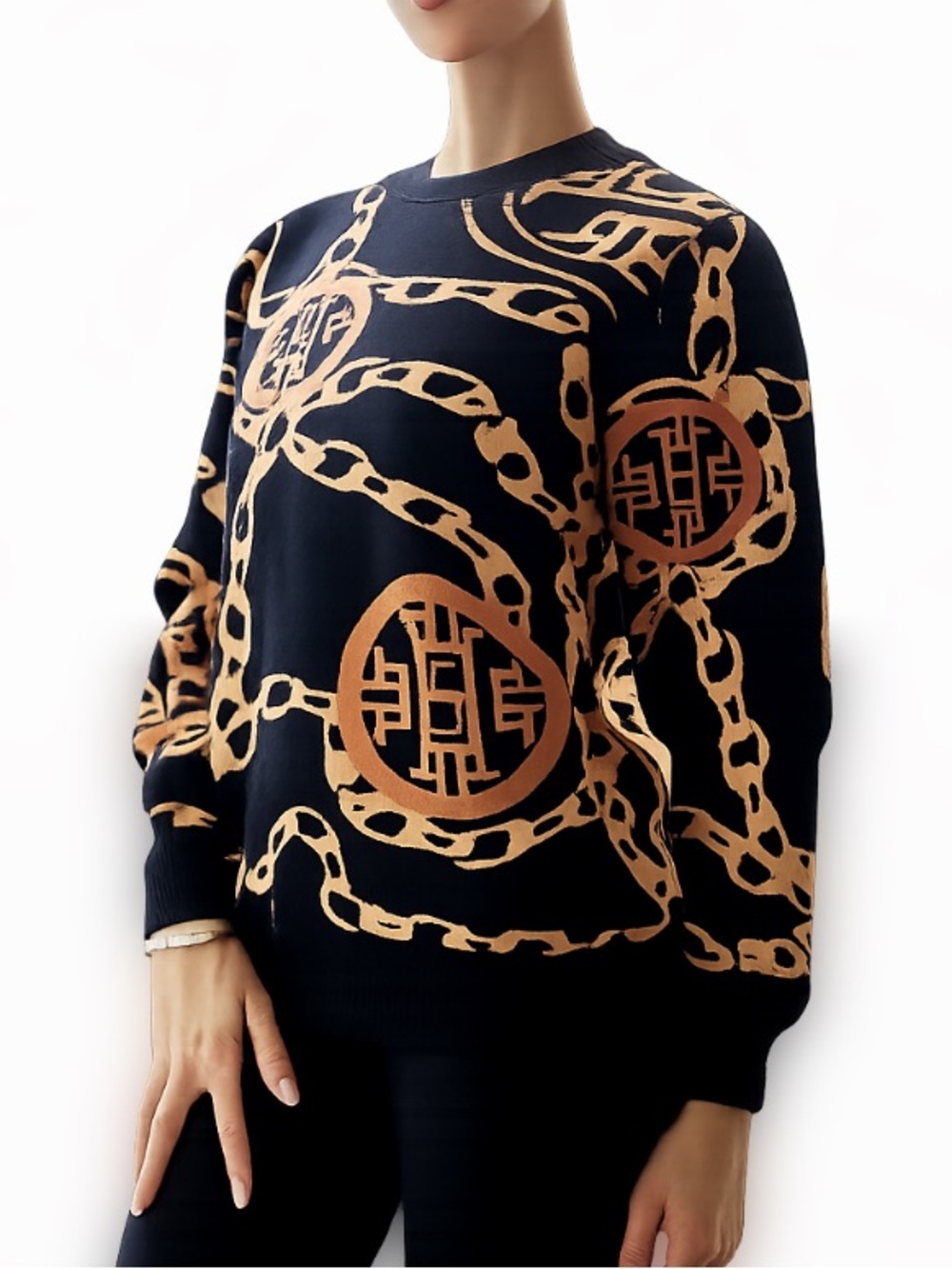 Haiying Snider Milano Luxury 100% Cotton Chain Print Sweater Size Small EUC!